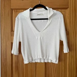 Hackwith Design House - Cropped Collar V-Neck Rib Top - Ivory Rib, XS/S